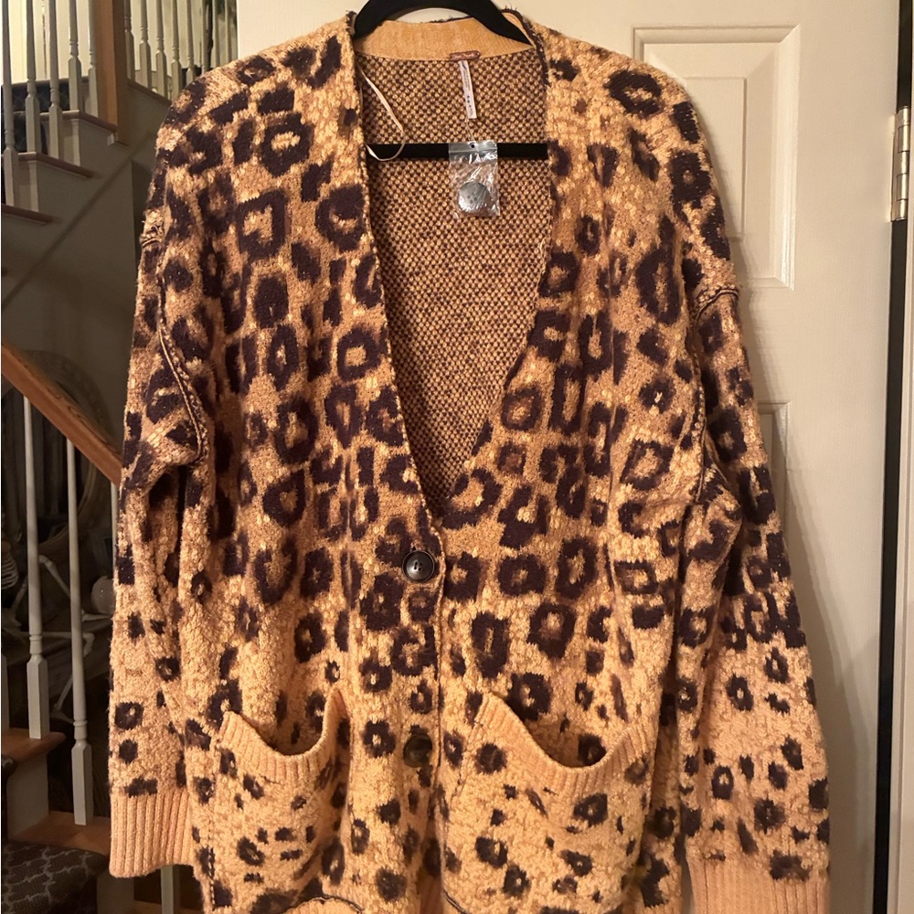 Free People Brown Leopard Cardigan Sweater